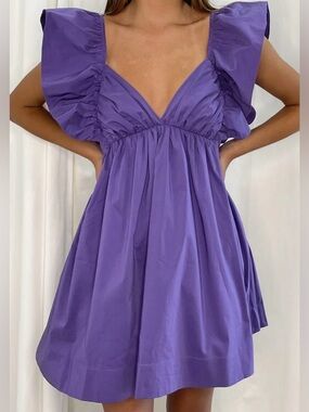 Purple Flutter Sleeve V-Neck Mini Dress - Size Large